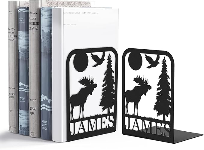 Custom Deer Metal Book Ends 2 Pcs, Forest Theme Bookends for Shelves Decorative, Heavy Duty Bookend Stopper, Deer Cabin Decor, Book Organizer for Desk, Black Book Holders for Home Office, Hunter Gifts