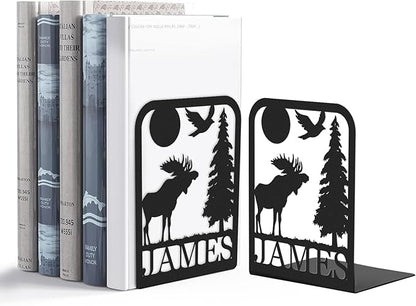 Custom Deer Metal Book Ends 2 Pcs, Forest Theme Bookends for Shelves Decorative, Heavy Duty Bookend Stopper, Deer Cabin Decor, Book Organizer for Desk, Black Book Holders for Home Office, Hunter Gifts