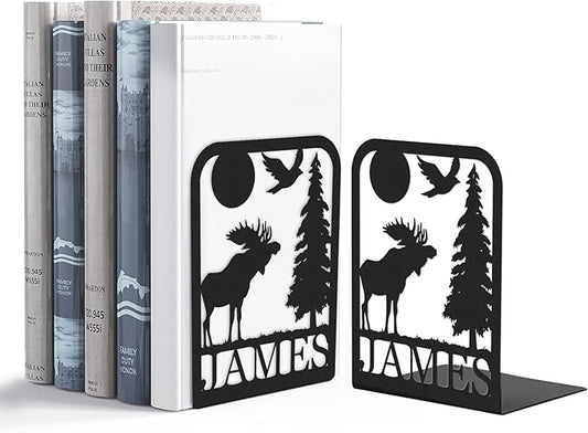 Custom Deer Metal Book Ends 2 Pcs, Forest Theme Bookends for Shelves Decorative, Heavy Duty Bookend Stopper, Deer Cabin Decor, Book Organizer for Desk, Black Book Holders for Home Office, Hunter Gifts