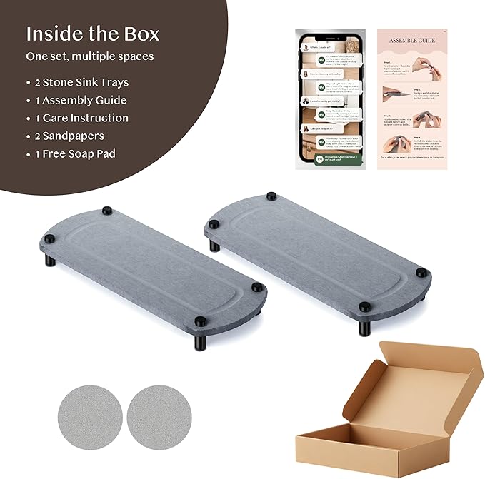 TWINKLE MOMENT 2PCS Water Absorbing Stone Soap Tray for Kitchen Bathroom Sink, Quick Dry Diatomaceous Earth Drying Rack and Shower Caddy, Soap Dispenser and Sponge Holder Organizer for Countertop