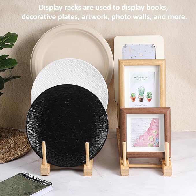 Zelphvt 5 Pack Wooden Dish Rack Wooden Plate Stands for Display Multi Tier Plate Holder Cabinet Organizer, Craft Show Vendor Counter Display Rack for Tabletop Book, Art Prints and Platter
