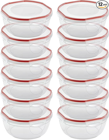 Sterilite Ultra-Seal 4.7 Qt Bowl, Large Airtight Food Storage Container, Latching Lid, Microwave and Dishwasher Safe, Clear With Red Gasket, 12-Pack