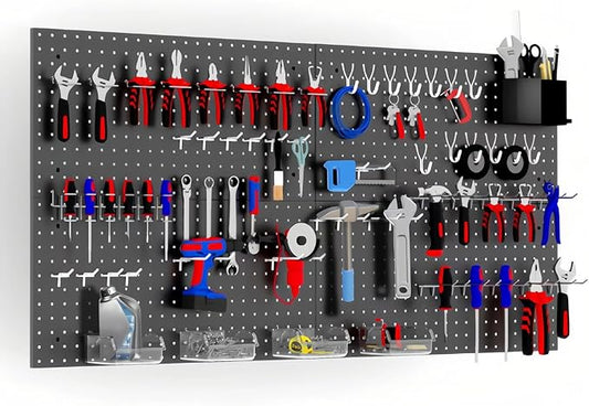 Peg Board Wall Organizer, 24"x48" Black Metal Pegboard Organizer, 4 Metal Pegboard Panels with 63 Accessories, Wall Mount Large Peg Board Kit with Hooks, Bins for Home, Office, Garage, Gaming