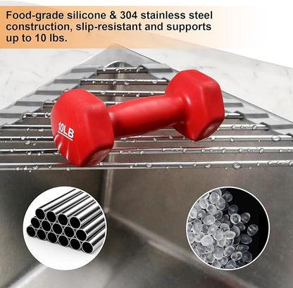 Corner Sink Caddy Triangle Dish Drying Rack for Sink Corner, Sponge Holder Roll Up Dish Drying Rack Over The Sink, Stainless Steel Kitchen Sink Organizer Drainer Mat Sponge Caddy for Counter Storage