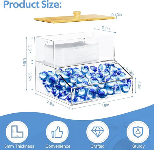 JYPS 2-in-1 Laundry Organizer with Large Capacity: Double-Layer Transparent Acrylic Storage Box with Bamboo Lid for Pods, Dryer Sheets & Supplies