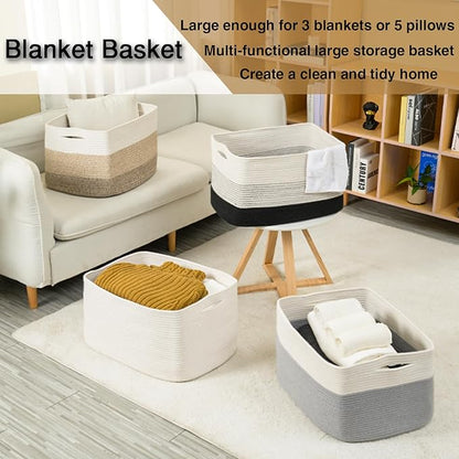 Large Rectangle Blanket Basket, Large Storage Basket, Cotton Rope Woven Baskets for Storage with Handles, Toy Baskets for Baby Nursery Living Room Bedroom, 22”x17”x12”, White, 75L