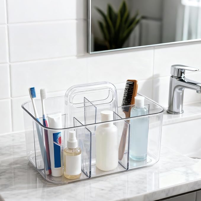 2 Pack Clear Caddy Organizer with Handle, Portable Art Supply Storage Organizers, Plastic Tote Holder for Shower, Dorm, Bathroom, Crafts, Makeup, Pencils, Office School Supplies