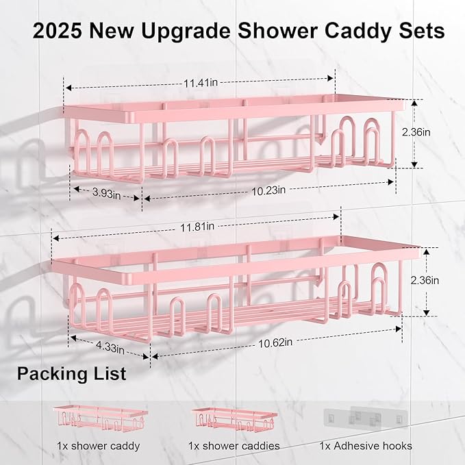Getsrichfc 2025 New Adhesive Shower Caddy, Shower Shelves with 16 Hooks, Pink 2 Pack