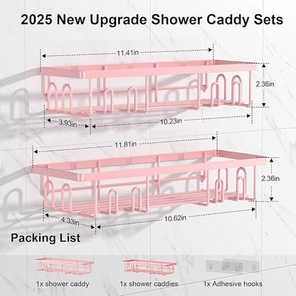 Getsrichfc 2025 New Adhesive Shower Caddy, Shower Shelves with 16 Hooks, Pink 2 Pack