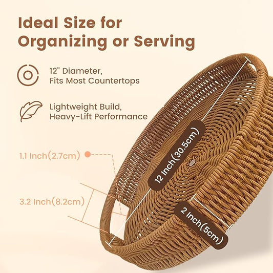 12 Inch Rattan Lazy Susan Turntable Organizer, Round Rotating Wicker Serving Tray with Handles for Kitchen Counter, Coffee Table, Cabinet Storage