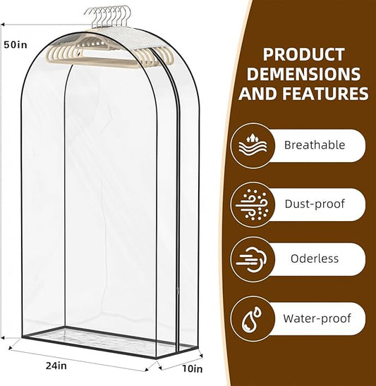 Upgraded Thickened Clear Garment Bags for Hanging Clothes 4 Packs, 10“ Gusseted Clothes Hanging Storage Bags for Closet, Shirts, Coats, Dresses (50 inch)