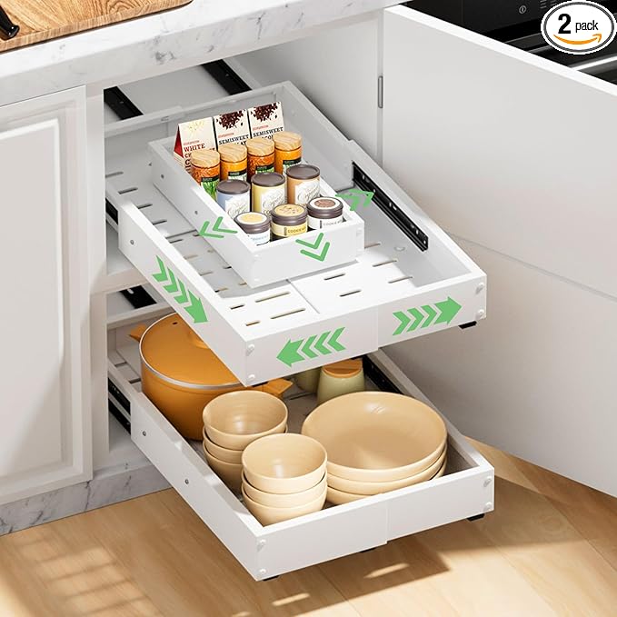 BUFOR 2 Pack Pull out Cabinet Organizer, Width (10"-16") Depth (17"-25"), with 3 Rails Adjustable Slide, Expandable Pullout Drawers for Cabinets, No Drill Adhesive Kitchen Drawers for Pantry Shelves