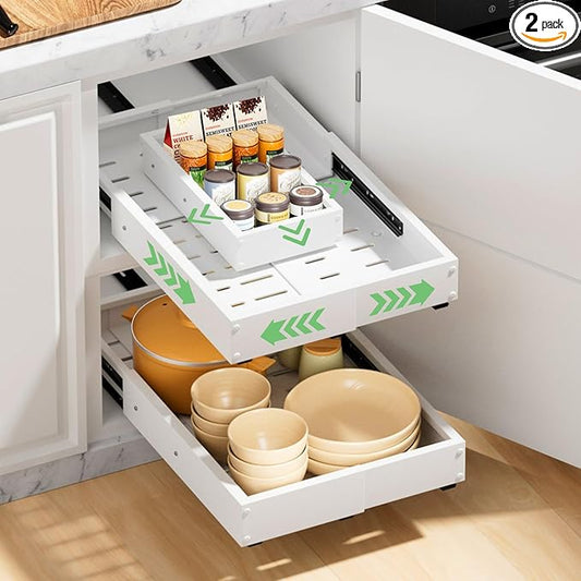 BUFOR 2 Pack Pull out Cabinet Organizer, Width (10"-16") Depth (17"-25"), with 3 Rails Adjustable Slide, Expandable Pullout Drawers for Cabinets, No Drill Adhesive Kitchen Drawers for Pantry Shelves