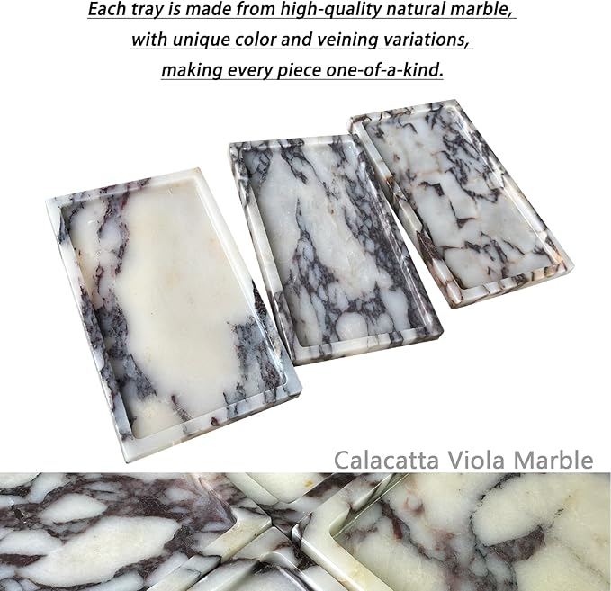 OAIQNUJ Natural Marble Vanity Tray, 9.8"x5.9" Genuine Calacatta Viola Marble Tray for Bathroom/Kitchen/Dresser