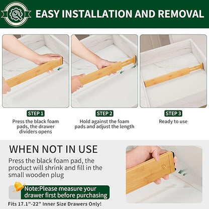 6 Pack Bamboo Drawer Dividers 2.6" High,17-22" Adjustable Spring Loaded Clothes Drawer Organizers for Kitchen, Dresser, Bathroom, Bedroom and Office