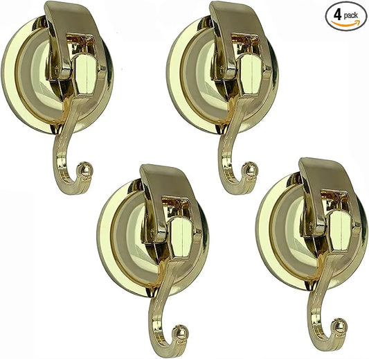 YSSILADI Suction Cup Shower Hooks - Heavy Duty, Glass Suction Hooks for Bathroom Robes and Decorations (Gold, 4 Pack)