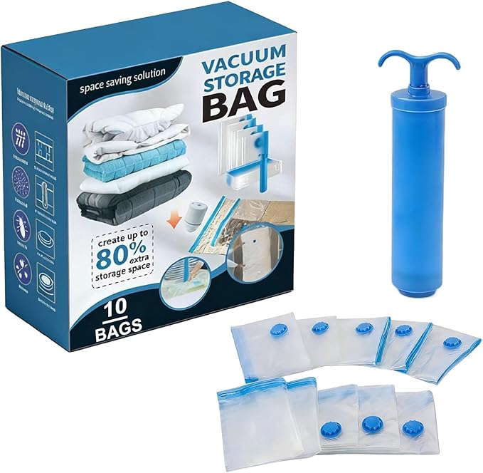 10 Pack Vacuum Storage Bags with Hand Pump, 1 Jumbo + 3 Large + 3 Medium + 3 Small Plastic Packaging Bags, 80% Space Saver Sealer Compression Bags for Clothing, Travel Lugggage, Blankets, Comforters