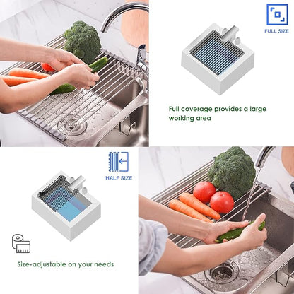 Tomorotec Roll Up Dish Drying Rack, Over The Sink Dish Drying Rack, Portable Stainless Steel Rolling Rack Multipurpose Kitchen Drainer Caddy Organizer Storage Shelf Holder, Gray