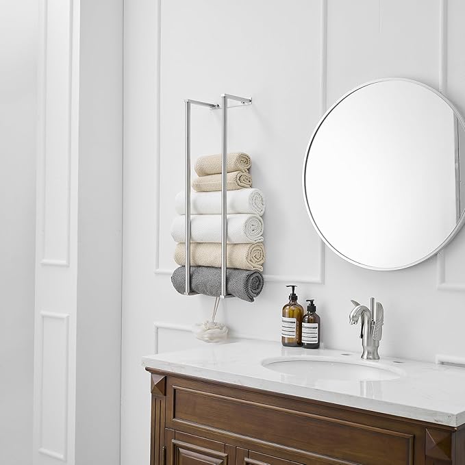 BWE Brushed Nickel Towel Racks for Bathroom, 28" Stainless Steel Bathroom Towel Holder for Rolled Towels, Wall Mounted Towel Storage for Bathroom with 2 Hooks, 6 Large Bath Towels Capacity