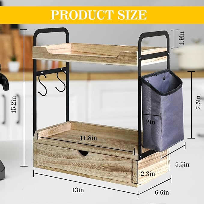 Wooden Coffee Bar Organizer - 2-Tier Station with Pod Holder, Syrup Snack Organizer and Hooks (Brown)