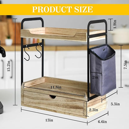 Wooden Coffee Bar Organizer - 2-Tier Station with Pod Holder, Syrup Snack Organizer and Hooks (Brown)
