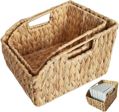 2Pcs Woven Basket Water Hyacinth Wicker Storage Basket with Build-in Handle Rustic Pantry Baskets Organizer for Kitchen Shel