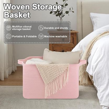 Large Blanket Basket, Blanket Storage Living Room, Rectangle Woven Baskets for Storage Toys, Towels, Dirty Clothes Organizer Bins (Pink)