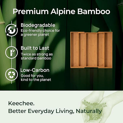 Carbonized Bamboo Kitchen Drawer Organizer, 5 Slots Expandable Silverware Organizer, Utensil Holder & Cutlery Tray, 2.2" Deep for Extra Capacity, Non-Slip Feet Included