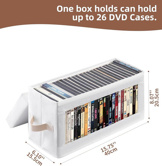 4 Pack DVD Storage Box with Visible Window, Dustproof CD/DVD Case Holder Organizer Rack Can Hold Up to 104 DVD, Blu-ray & CD Storage, Stackable and Lid Design –White