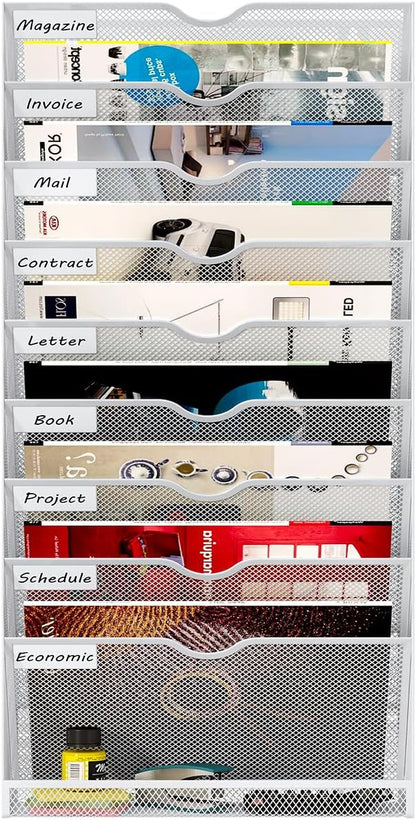 Hanging Wall File Organizer,10-Tier Desk File Mail Holder, Paper Bill Organization For Office Home School, White