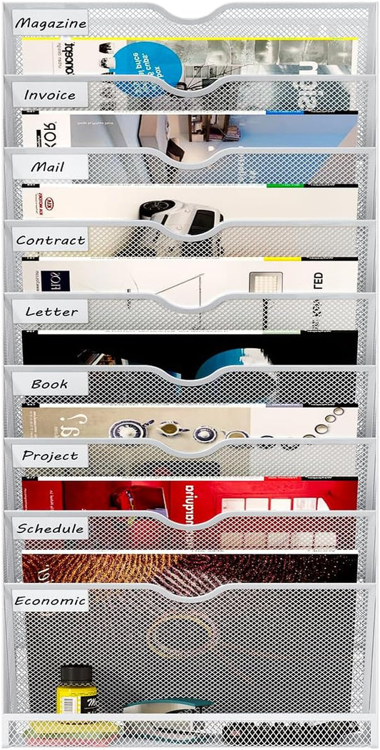 Hanging Wall File Organizer,10-Tier Desk File Mail Holder, Paper Bill Organization For Office Home School, White