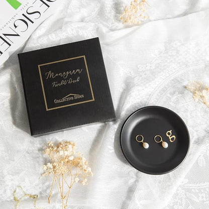 COLLECTIVE HOME - Ceramic Jewelry Tray, Decorative Trinket Dish for Rings Earrings Necklaces Bracelet Watch Keys, Birthday Mother's Day Christmas Gift for Women, 4.75", Black Surface (g)