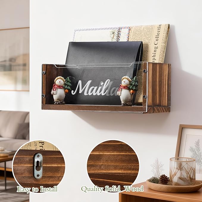 Mail Holder with Clear Acrylic Dividers - 2 Slots Mail Organizer Desktop, Mail Sorter Inside Home and Office, Solid Wood Mail Box for Wall