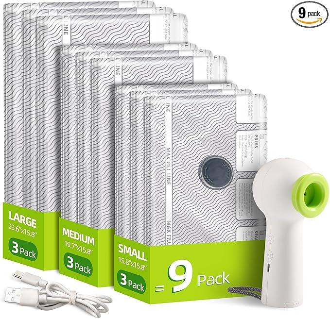 VACKFOX Travel Vacuum Storage Bags with Rechargeable USB Pump, 9 Pack Carry-On Size Compression Packing Bags for Luggage and Suitcase, Space Saver for Clothes and Clothing Travel