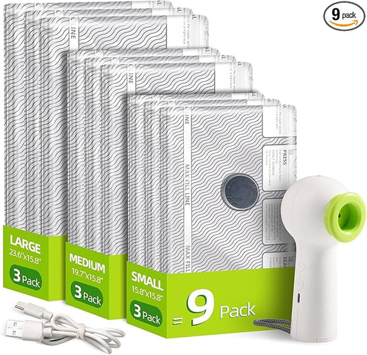 VACKFOX Travel Vacuum Storage Bags with Rechargeable USB Pump, 9 Pack Carry-On Size Compression Packing Bags for Luggage and Suitcase, Space Saver for Clothes and Clothing Travel