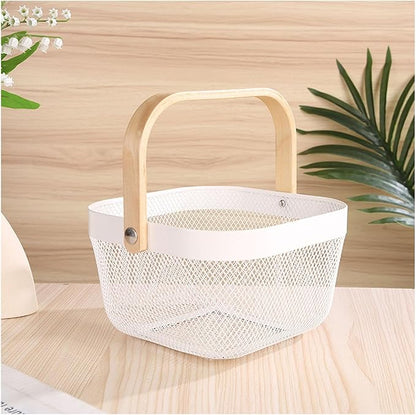 Metal Mesh Wire Basket, Mini Steel Basket with Wooden Handle Storage Organizer Basket Multi-functional Hanging Kitchen Baskets Fruit Baskets for Kitchen Bathroom Cabinet Pantry Snacks, White