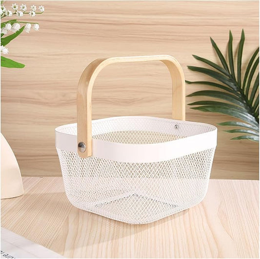 Metal Mesh Wire Basket, Mini Steel Basket with Wooden Handle Storage Organizer Basket Multi-functional Hanging Kitchen Baskets Fruit Baskets for Kitchen Bathroom Cabinet Pantry Snacks, White