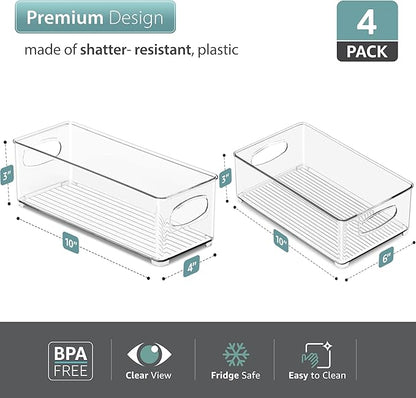 Sorbus Stackable Refrigerator Organizer Bins - Set of 4 Clear Storage Bins for Kitchen Pantry, Freezer & Fridge Organization - Food Organizing Plastic Containers with Handles for Countertops & Drawers