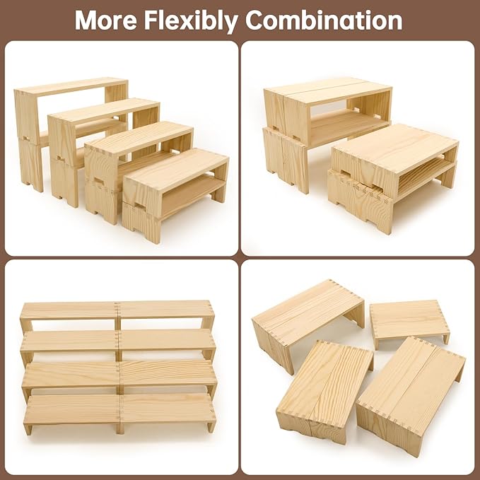 2 Set 8Pcs Large Display Riser Wood Risers Wooden Cupcake Display Stand 4Tiered Racks Perfume Display Dessert Food Stands for Vendors Event Party