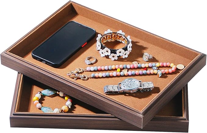 2Pcs/Set Wood Jewelry Organizer Tray, Stackable Blank Tray for Drawer, Rings Earring Storage Case, Necklace Accessories Display Holder for Store Selling or Home Show