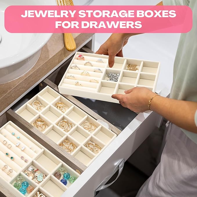 Landical 16 Pcs Stackable Jewelry Organizer for Drawer Velvet Jewelry Tray with Dividers Earring Holder & Ring Display Box Fits 8.4 x 5 x 1 Drawer Necklace Storage for Women, Girls (beige, 16 Styles)
