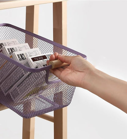 Metal Mesh Steel Basket, Medium Wire Storage Organizer Basket Multi-function Hanging Kitchen Basket with Wood Handle for Kitchen Bathroom Picnic Home, Rectangle-Purple