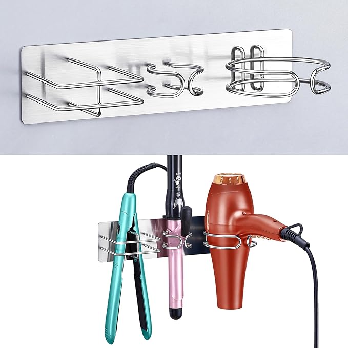 Oukimly Blow Dryer Holder Wall Mounted Curling Iron Holder, 3 in 1 Hair Tool Organizer for Straightener, Curling Iron, Hair Dryer Holder Adhesive Flat Irons Storage for Bathroom Barber Shop (Silver)