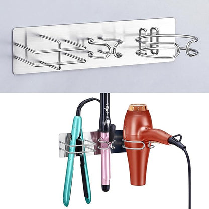 Oukimly Blow Dryer Holder Wall Mounted Curling Iron Holder, 3 in 1 Hair Tool Organizer for Straightener, Curling Iron, Hair Dryer Holder Adhesive Flat Irons Storage for Bathroom Barber Shop (Silver)