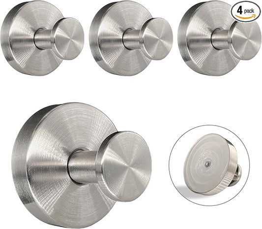 Welsa Suction Cup Hooks for Shower - 4 Pack, Matte Chrome - Stainless Steel, Strong Suction, No Drill, Removable Hanger, Tile Bathroom Kitchen Wall, Glass Door, Mirror Hook Hanging Robe, Towel Holder