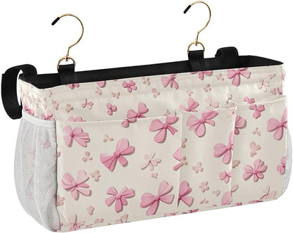 CuwrYet Bedside Caddy Hanging Bunk Bed Caddy Bed Organizer Hanging Pocket with 2 Hooks Bedside Storage Organizer Pocket Bag Holder Pink Cute Bow
