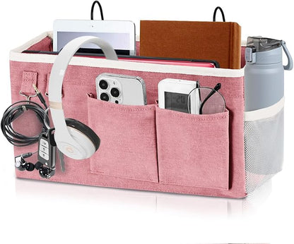 ADVANCELLPRO Bedside Caddy Organizer Hanging Storage Bag with Pockets for Books, Magazines, Phone, Tablet & Water Bottle – Bedside Storage for Dorm, Bunk Beds, Hospital Beds & Cribs, Pink