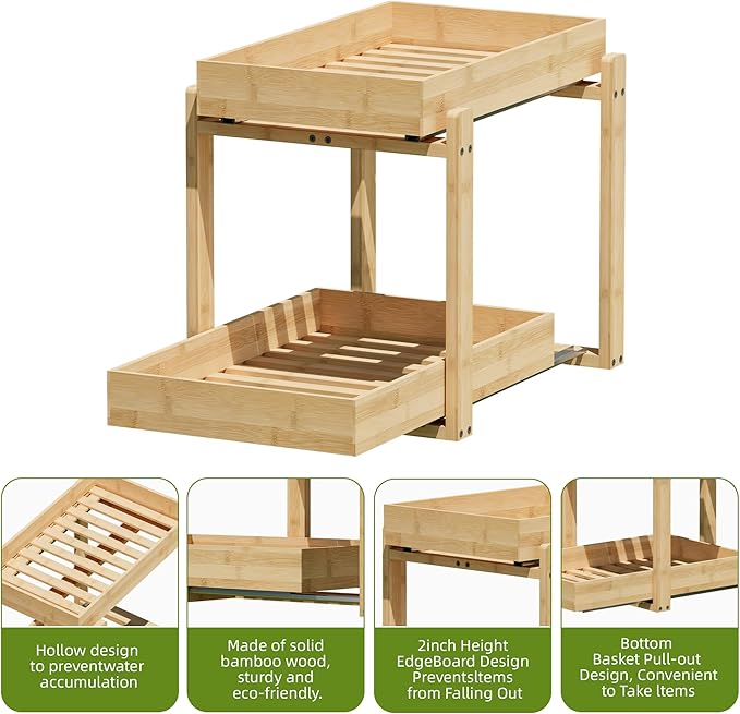 2 Pack Under Sink Organizer, Bamboo Wooden 2-Tier Pull-Out Storage with Sliding Drawers for Kitchen and Bathroom Cabinets, Easy Installation (Natural, 1 pack)