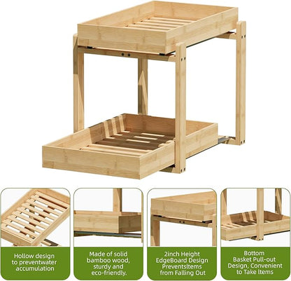 2 Pack Under Sink Organizer, Bamboo Wooden 2-Tier Pull-Out Storage with Sliding Drawers for Kitchen and Bathroom Cabinets, Easy Installation (Natural, 1 pack)