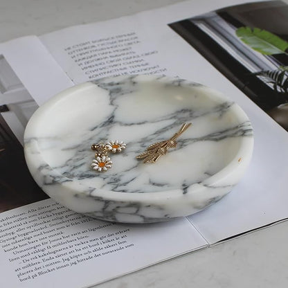 Nawgnail Natural Travertine Marble Jewelry Dish 5.5",Trinket Dish for Ring Earring, Gift for Woman Daugther(Arabescato Calacatta)